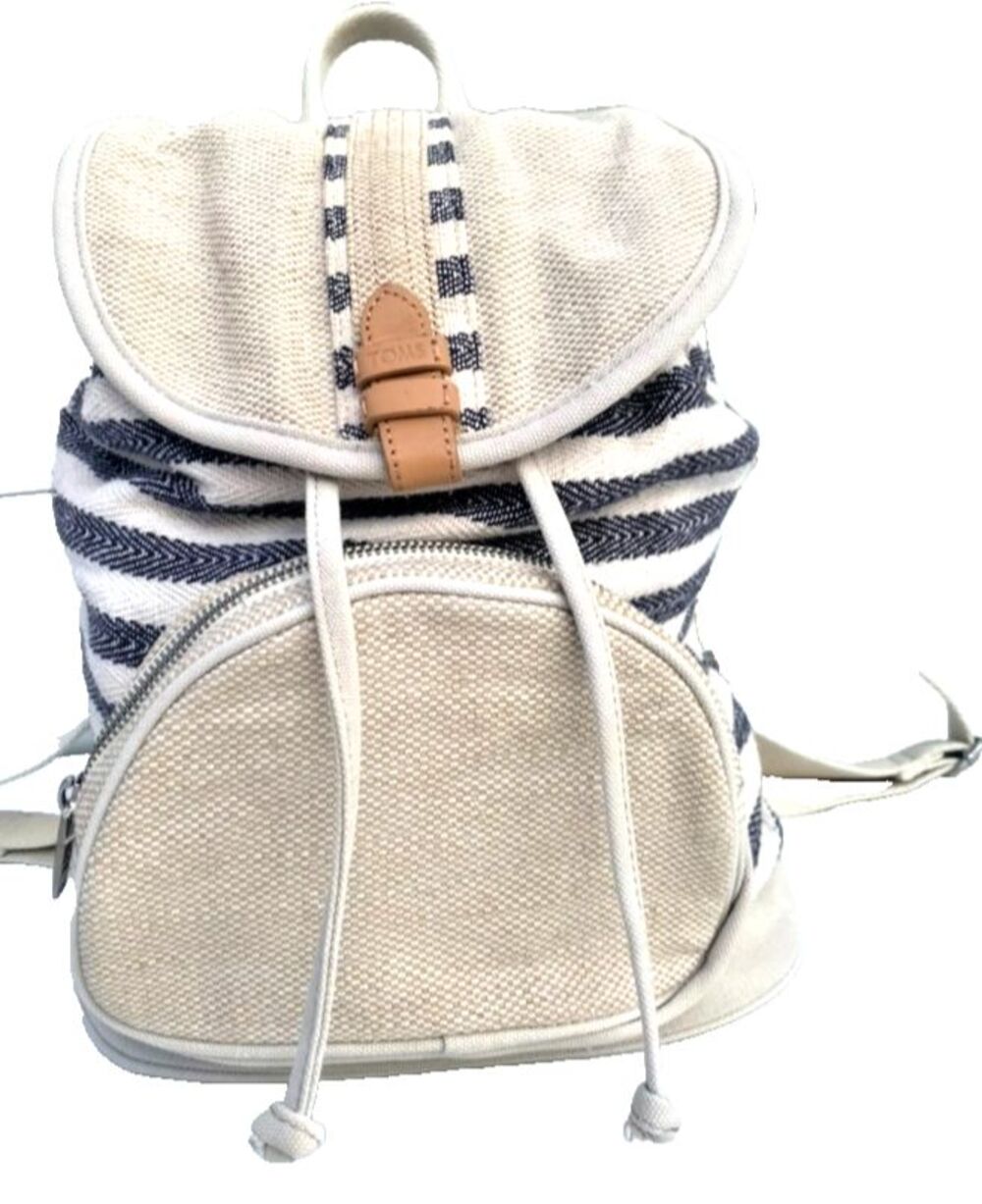 TOMS Woven Drawstring Soft Cloth Boho Day Backpack Navy & Cream Beachy Eco